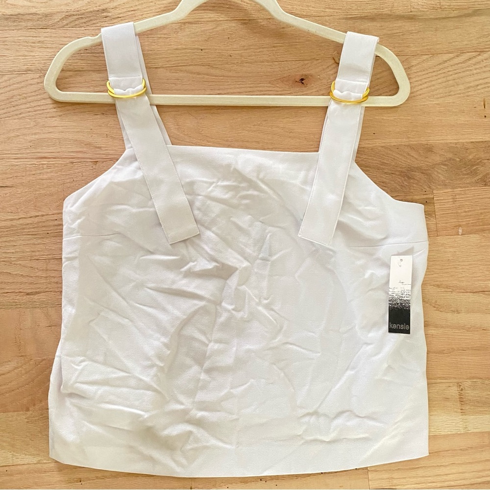 NWT Kensie Cropped Crisp White Linen Square-Neck Buckle Strap Detail Tank Top M